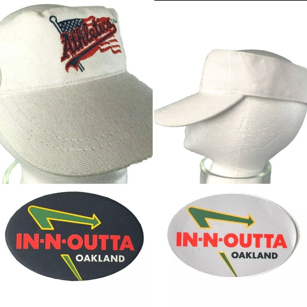 Oakland A's Athletics White Visor Cap SGA July 4th USA + In-N-Outta Pin Sticker